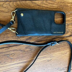 iPhone 13 Pro Max, Bandolier Case, Black Leather, Gold trim